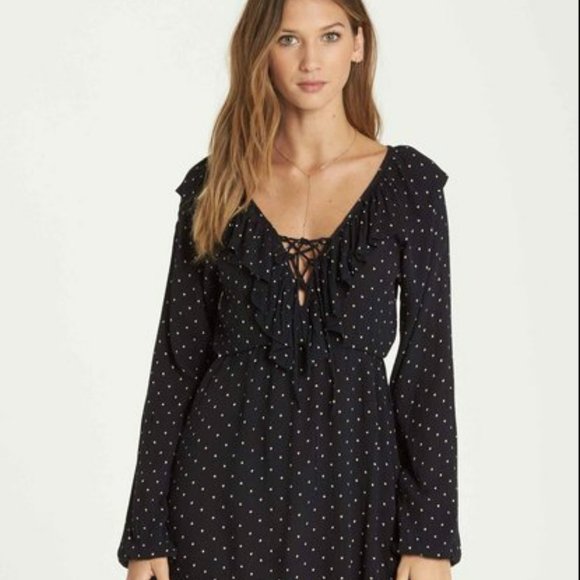 Billabong Long Sleeve Mini Polka Dot Dress - Picture 1 of 14
